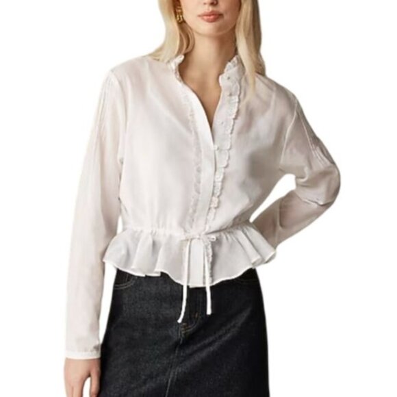 NWT J.Crew Sz M Lace-Trim Cinched-Waist Top White Cotton Voile Long Sleeve CJ461 - Picture 1 of 12